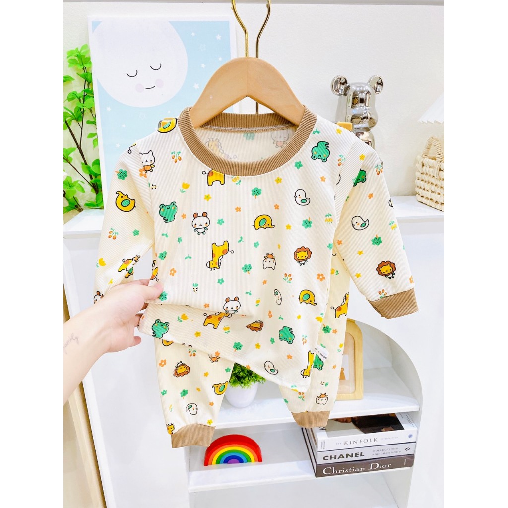 Bộ thun tăm lạnh cho bé họa tiết ngộ nghĩnh, Bộ thun tăm dài tay cho bé