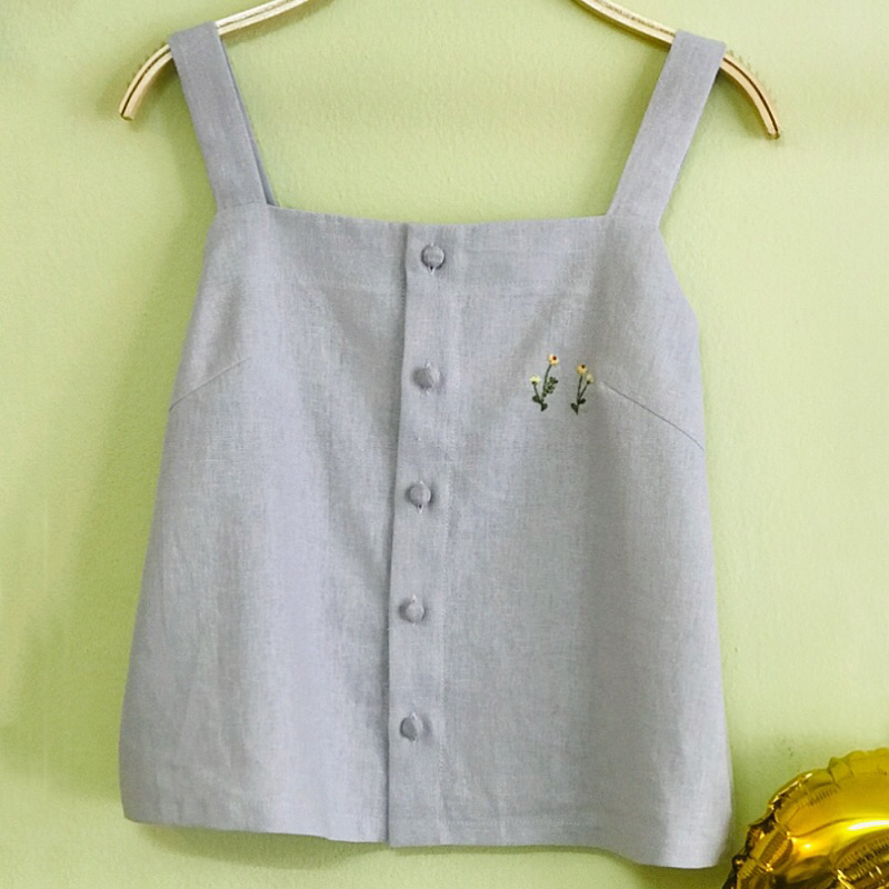áo hai dây mùa hè vải linen xinh xắn logo thêu