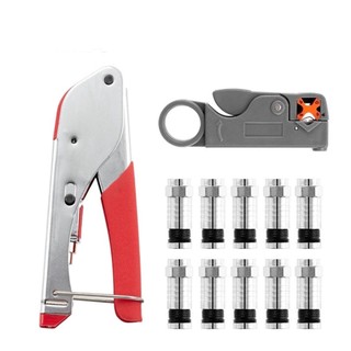 Kìm bấm dây cáp đồng trục với kìm tước vỏ dây cáp và 20 ống nối ép chuyên nghiệp.