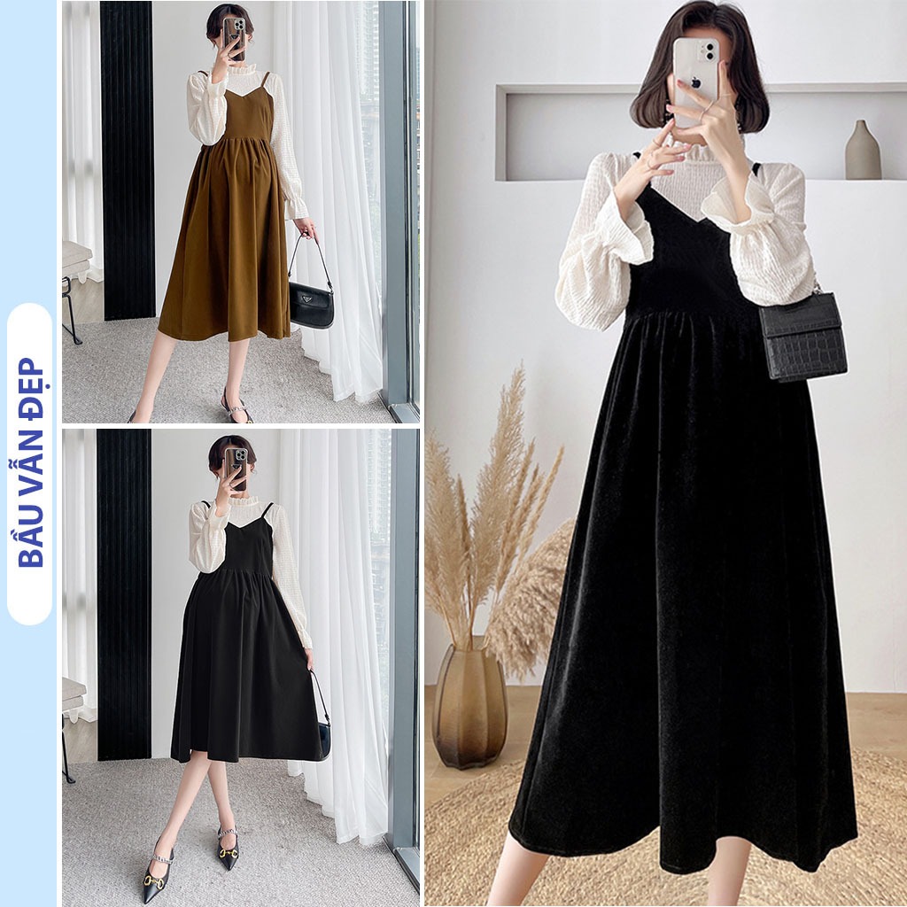 SET VÁY BẦU NHUNG DÀI TAY THU ĐÔNG GỒM ÁO VÀ YẾM LIỀN NHAU - ĐẦM BẦU CÔNG SỞ HÀNG THIẾT KẾ FREESIZE