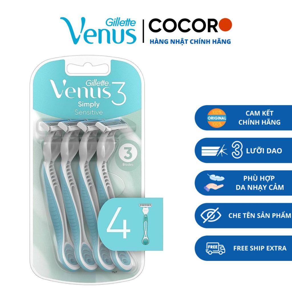 Set 4 chiếc dao cạo lông Venus Sensitive 3 lưỡi, dành cho da thường, da nhạy cảm