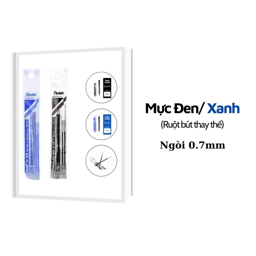 Bút bi bấm Nhật Bản Pentel BK250 - Ruột BKS7E 0.7mm xanh, đen / Bút bi Pentel huyền thoại