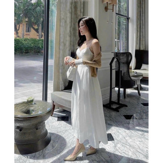 [DTB] SET ĐẦM MAXI 2S TRẮNG KÈM KHOÁC CROP NUDE 💦