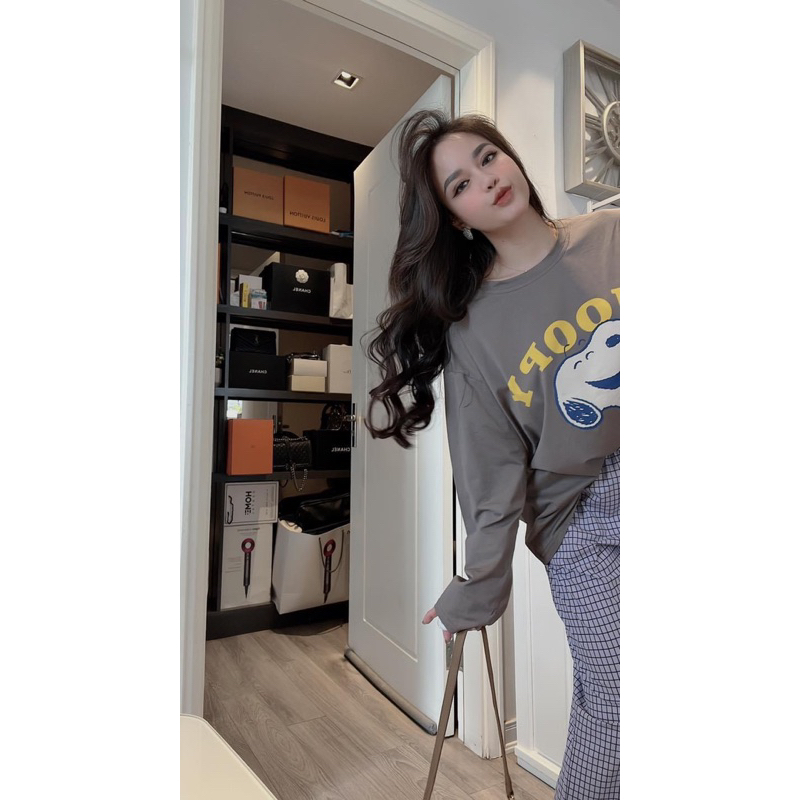 BỘ gấu snoopy phối quần kẻ tím