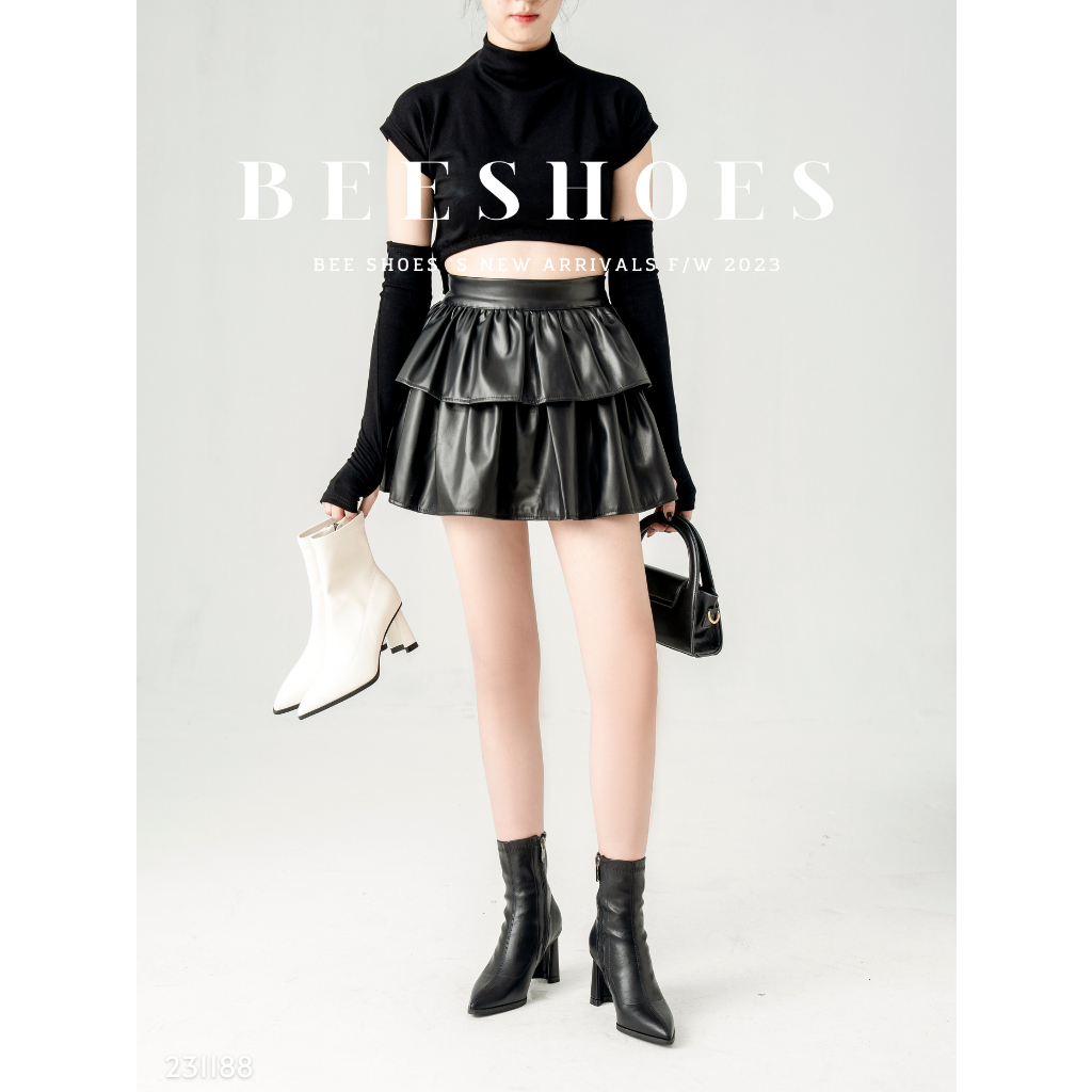 BOOT NỮ BEESHOES MŨI NHỌN DA LÌ - GIÀY BỐT NỮ ĐẾ CAO 7 PHÂN SẴN MÀU ĐEN KEM 231188