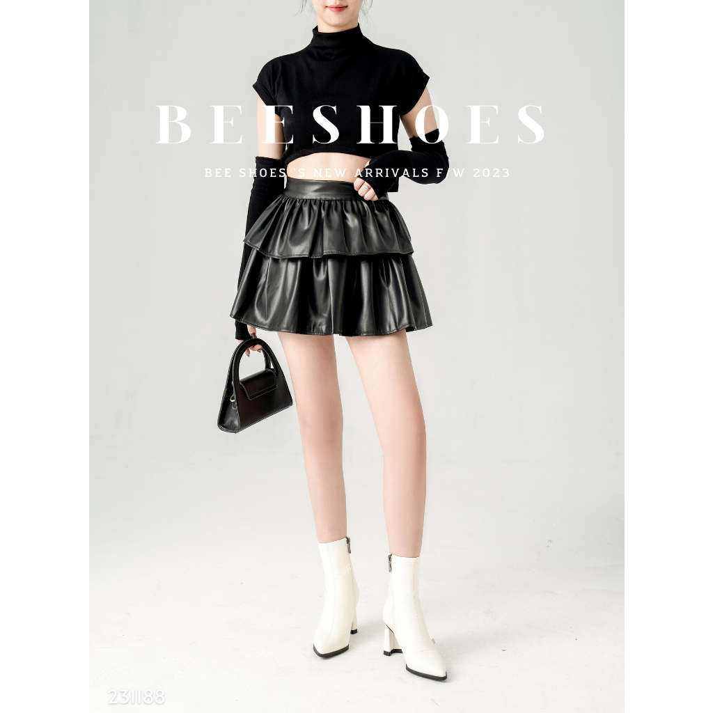 BOOT NỮ BEESHOES MŨI NHỌN DA LÌ - GIÀY BỐT NỮ ĐẾ CAO 7 PHÂN SẴN MÀU ĐEN KEM 231188