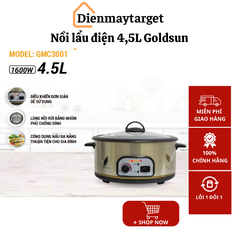 Nồi lẩu điện đa năng Goldsun GMC3000 GMC3001 dung tích 4.5l, lòng nồi Inox chống dính, bảo hành 12 tháng