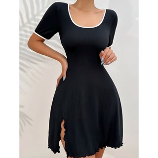 [Bigsize 45-80kg / Order] Đầm thun gân trơn cổ tròn vuông tay ngắn xẻ đùi khoét eo sau đơn giản quyến rũ