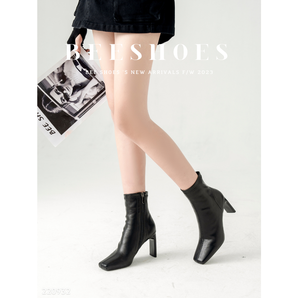 BOOT NỮ BEESHOES MŨI VUÔNG DA LÌ - GIÀY BỐT NỮ ĐẾ CAO 7 PHÂN SẴN MÀU ĐEN KEM 220932