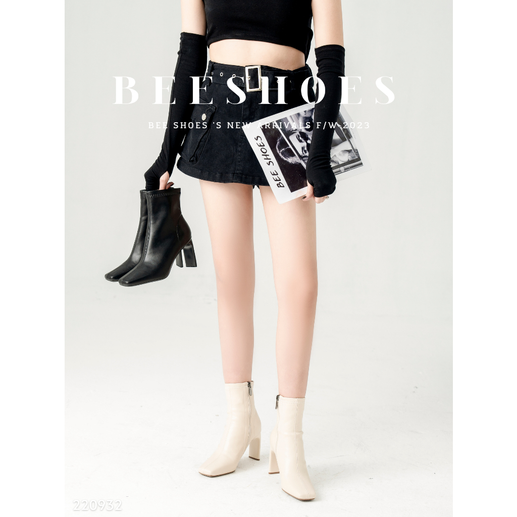 BOOT NỮ BEESHOES MŨI VUÔNG DA LÌ - GIÀY BỐT NỮ ĐẾ CAO 7 PHÂN SẴN MÀU ĐEN KEM 220932