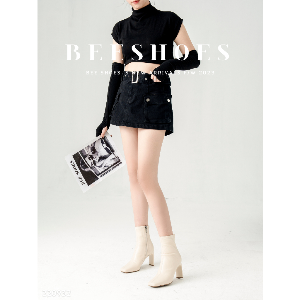 BOOT NỮ BEESHOES MŨI VUÔNG DA LÌ - GIÀY BỐT NỮ ĐẾ CAO 7 PHÂN SẴN MÀU ĐEN KEM 220932