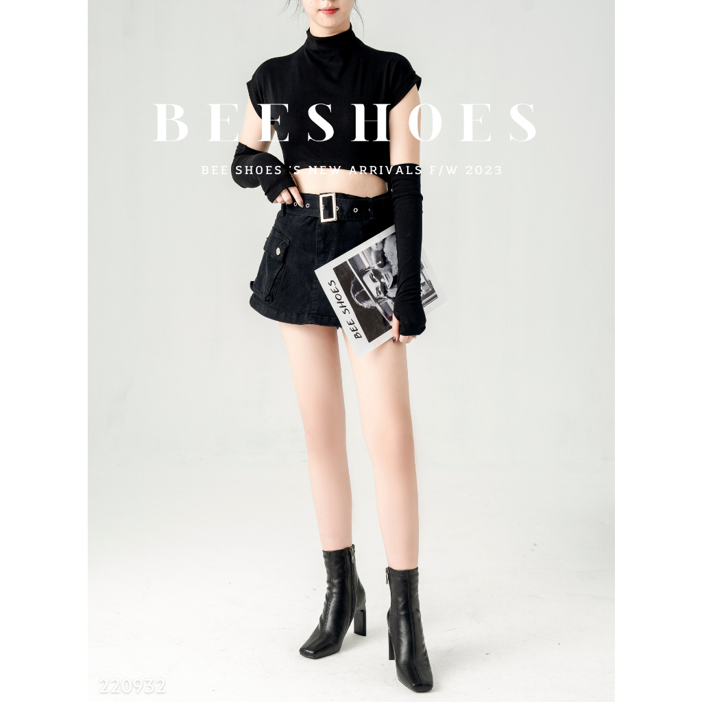 BOOT NỮ BEESHOES MŨI VUÔNG DA LÌ - GIÀY BỐT NỮ ĐẾ CAO 7 PHÂN SẴN MÀU ĐEN KEM 220932