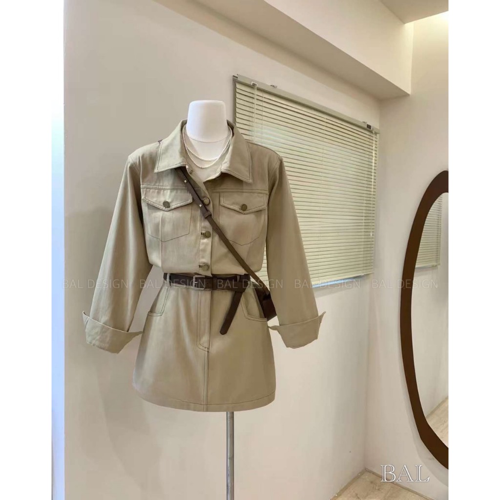 Váy kaki kèm đai dài tay cực chất, sành điệu