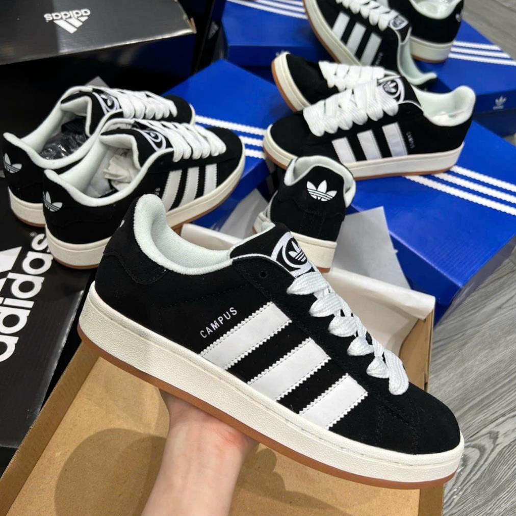 Giày Thể Thao Adidas Campus 00s Đen Da Nỉ, Giầy Sneaker Campus Das sò 3 sọc màu đen bản dây dễ phối đồ