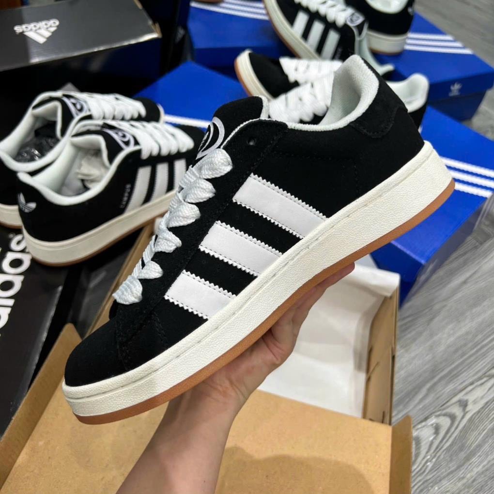 Giày Thể Thao Adidas Campus 00s Đen Da Nỉ, Giầy Sneaker Campus Das sò 3 sọc màu đen bản dây dễ phối đồ