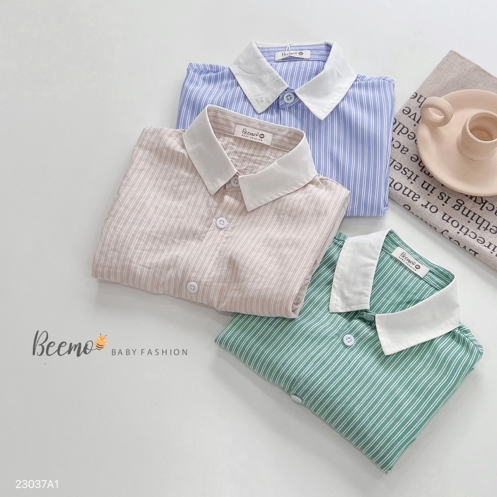 Áo sơ mi dài tay kẻ basic phối cổ trắng cho bé trai hãng Beemo