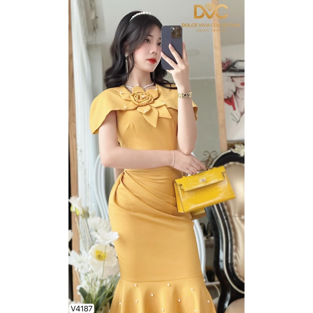 V4187, V4065 Váy vàng body dự tiệc đuôi cá  váy body đính hoa thiết kế sang chảnh