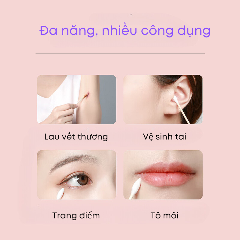 Tăm bông, bông ngoáy tai 2 đầu thân gỗ mềm mại, đa công dụng cho người lớn và trẻ em