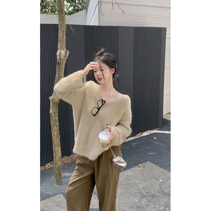 Áo Sweater Lông Nâu Nhạt Siêu Mượt Siêu Xinh