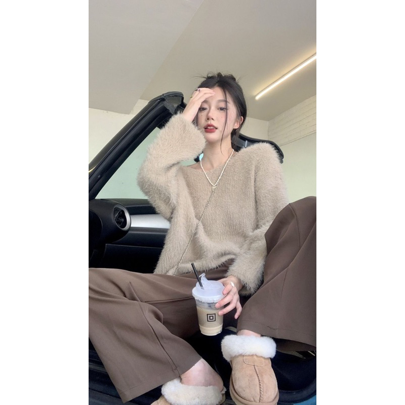 Áo Sweater Lông Nâu Nhạt Siêu Mượt Siêu Xinh