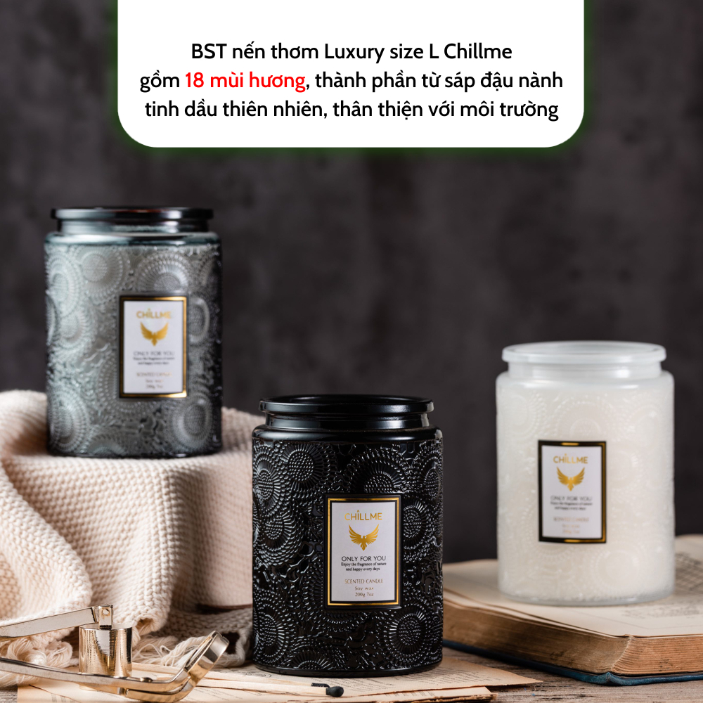 Nến thơm tinh dầu size L Chillme 785g sáp đậu nành không khói hương thơm thư giãn nhẹ nhàng