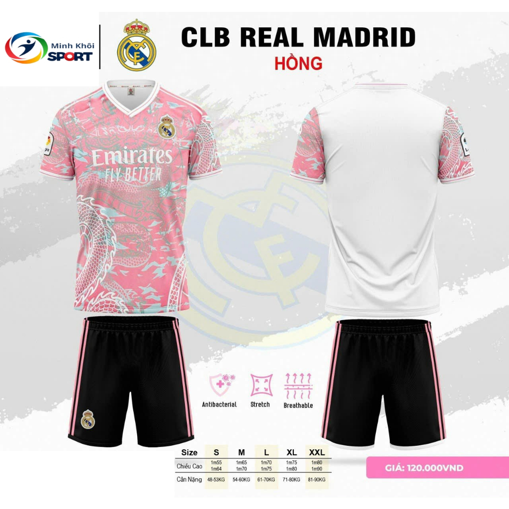 Bộ Quần Áo Đá Banh CLB Real Màu Hông rồng