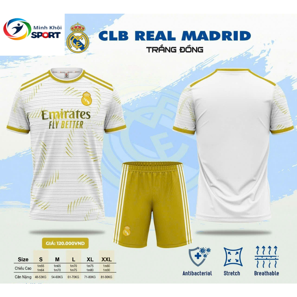 Bộ đồ đá banh CLB Real Madrid Màu Trắng Đồng