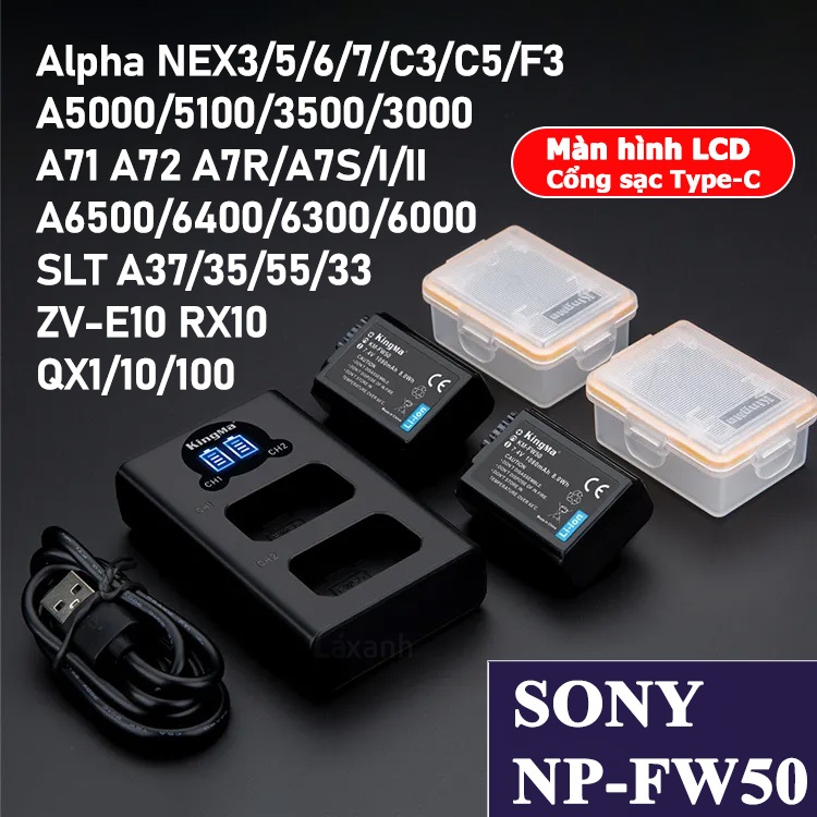 SONY FW50 NP-FW50 KINGMA V2 - Bộ 2 Pin 1 Dock Sạc đôi Type-C Micro USB LCD Sony A7 A72 A7R A7S A6500 A6400 A6300 A6000