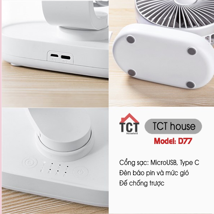 Quạt mini tích điện để bàn TCT xoay đầu tự động pin 4000mah