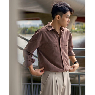 Áo sơ mi nam maru tay dài 2 túi phom oversize. maru bro shirt màu nâu ruốc.