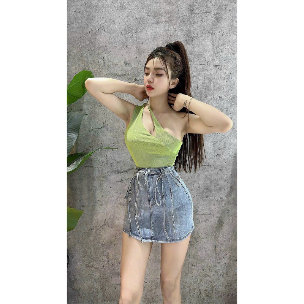 Áo thun 2 dây lệch vai kiểu vải borip