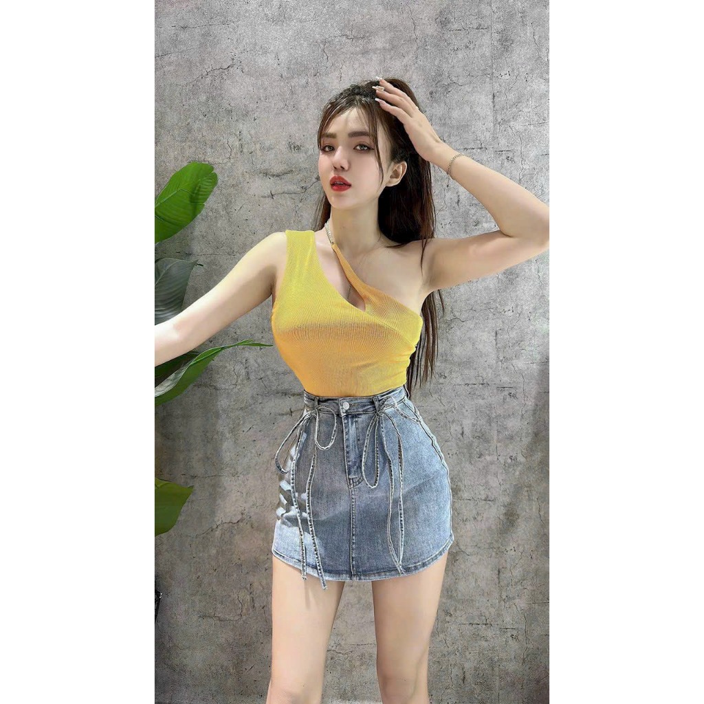 Áo thun 2 dây lệch vai kiểu vải borip