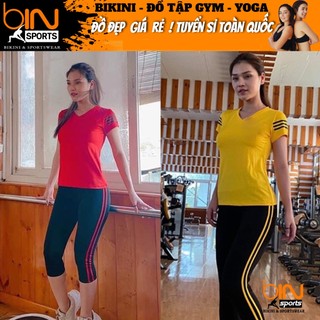 Đồ tập gym yoga nữ, set bộ áo phủ bụng quần lửng phối sọc Bin Sports BL015 V1