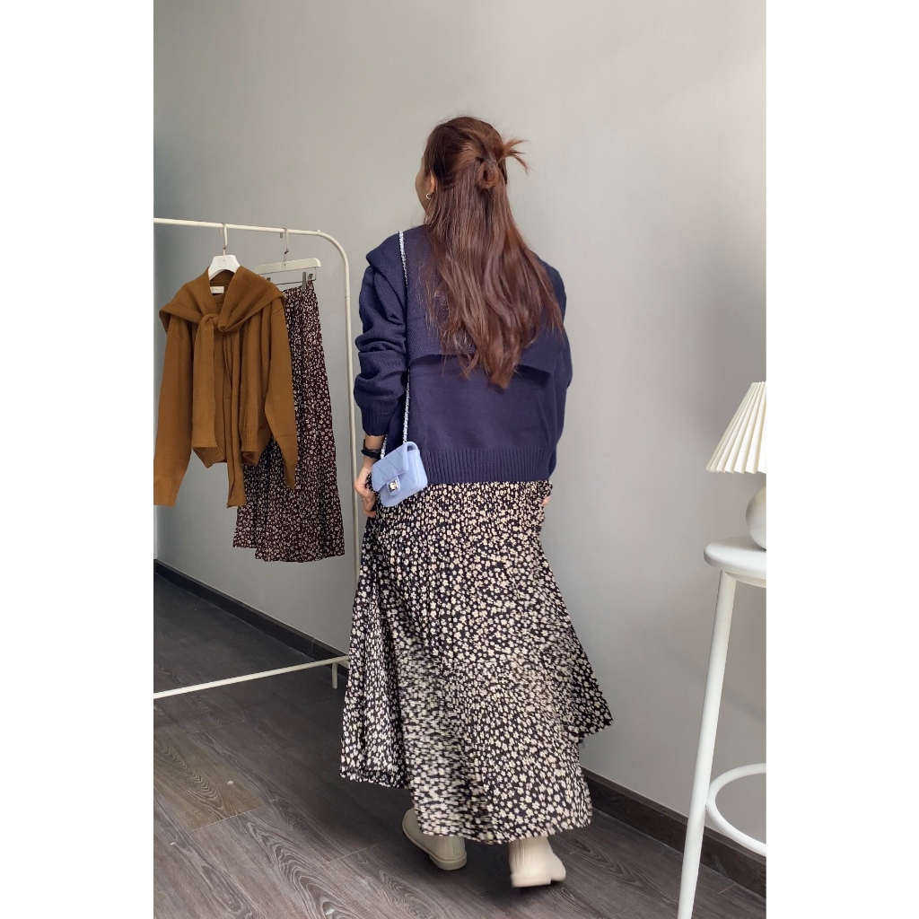 Chân váy maxi hoa nhí xếp ly lưng thun - Nhakholiti - V789