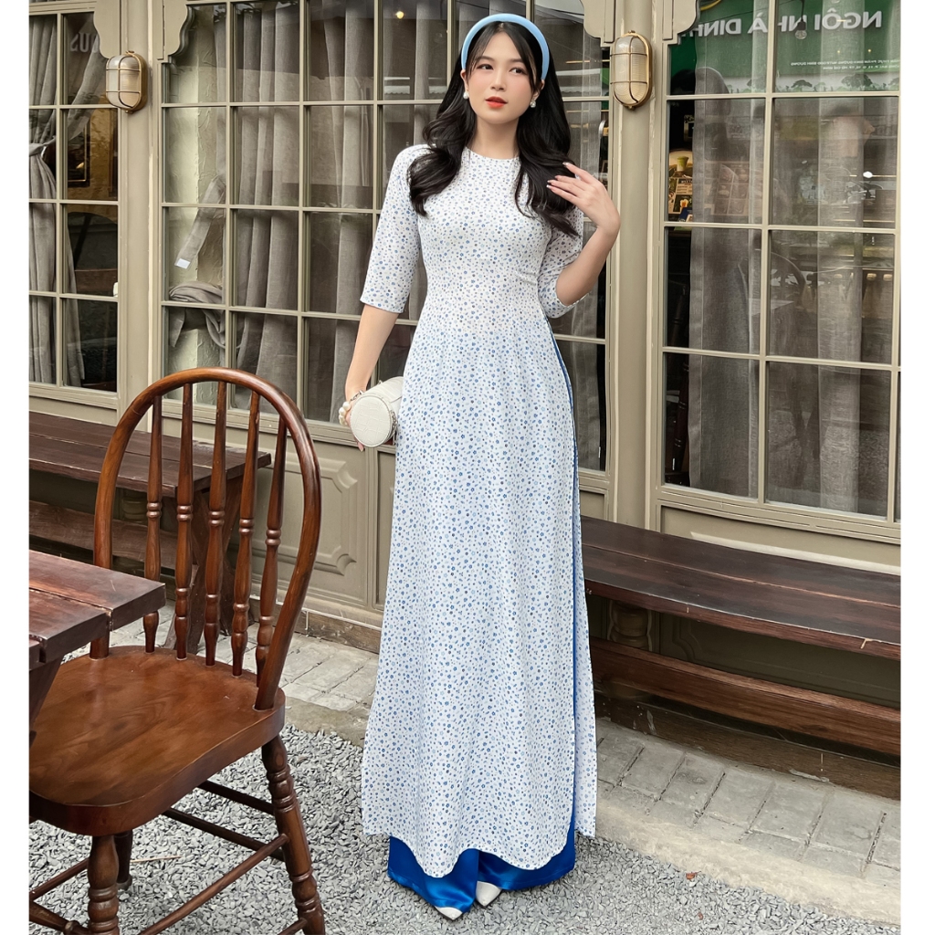 Áo dài hoa nhí tay lỡ AD026- Khánh Linh Style - Lady Fashion
