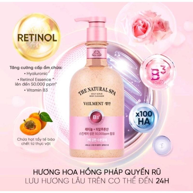(Date 2026) Màu hồng Sữa tắm hạt On:The Body Veilment Nature Spa 400gr