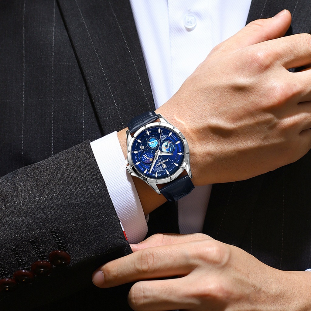 Đồng Hồ Nam Dây Da Cao Cấp Chính Hãng Poedagar Bản Giải Ngân Hà Trọng Lịch Lãm