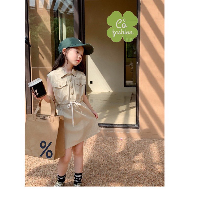 Váy kaki bé gái dây rút khuy bấm siêu sang chảnh cao cấp Cỏ Fashion