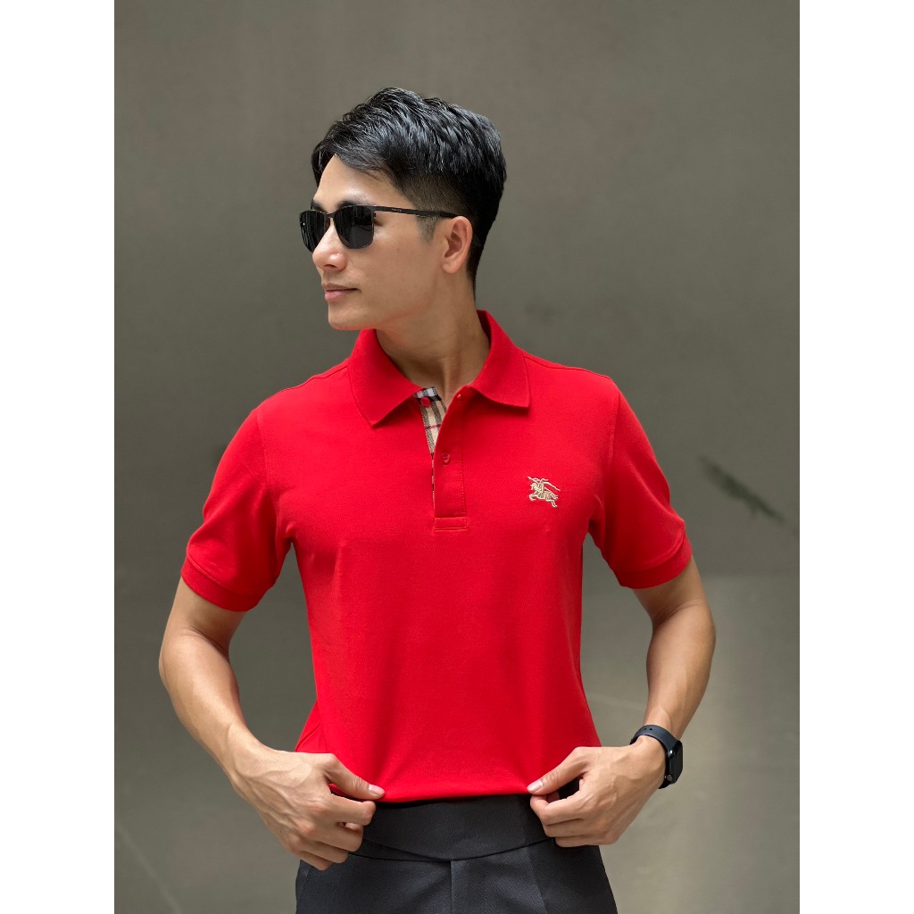 Áo thun có cổ polo tay ngắn B-u-r--b-e-r-ry vải cotton co dãn 4 chiều cổ ca rô độc quyền hãng