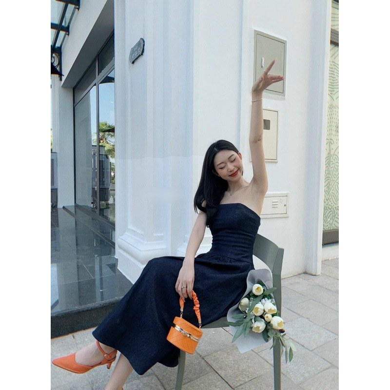 Florence - Đầm jean midi cúp ngực xoè nhún thun phía sau