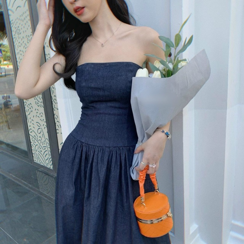 Florence - Đầm jean midi cúp ngực xoè nhún thun phía sau
