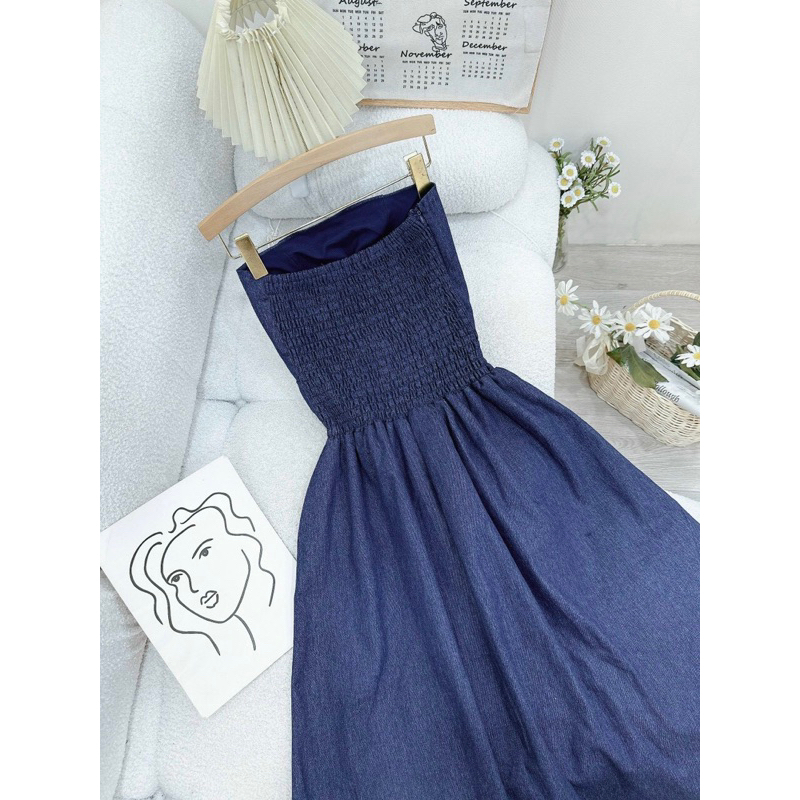 Florence - Đầm jean midi cúp ngực xoè nhún thun phía sau