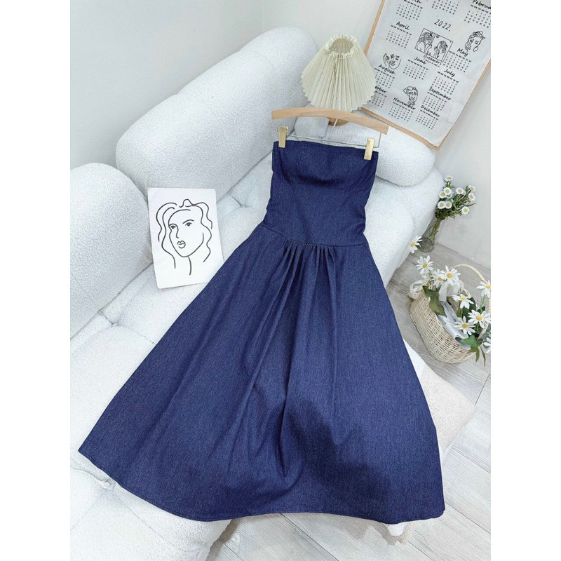 Florence - Đầm jean midi cúp ngực xoè nhún thun phía sau