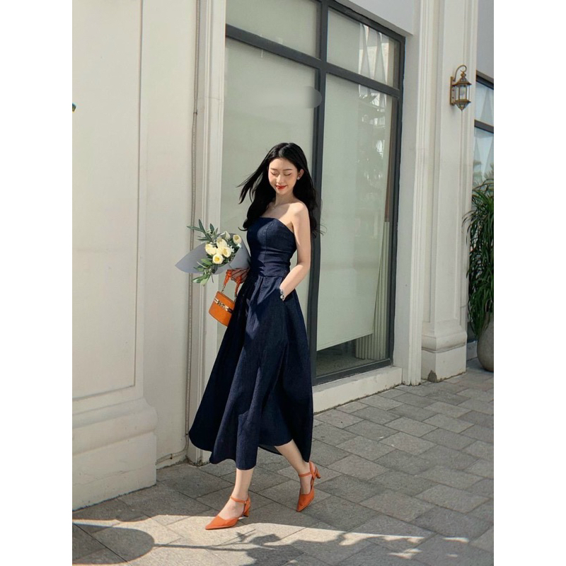 Florence - Đầm jean midi cúp ngực xoè nhún thun phía sau