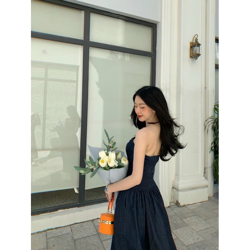 Florence - Đầm jean midi cúp ngực xoè nhún thun phía sau