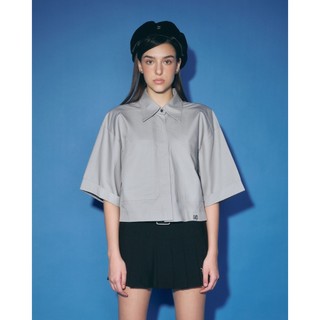 DVRK - Áo Sơ Mi Ngắn Tay Form Crop Nữ Đính Logo Kim Loại Màu Xám-DVRK-23FW