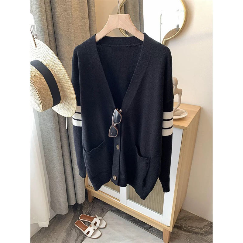 Áo Khoác Cardigan Thome Đen Sọc Tay  Áo Khoác Cadigan Thu Đông Style Hàn Quốc
