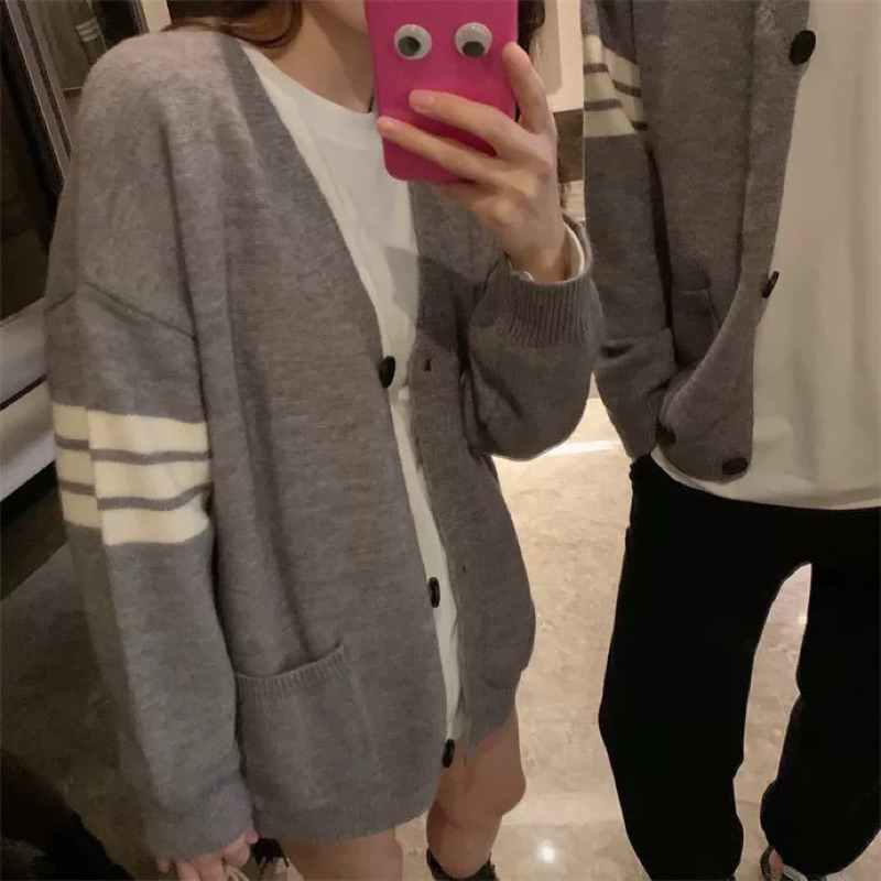 Áo Khoác Cardigan Thome Đen Sọc Tay  Áo Khoác Cadigan Thu Đông Style Hàn Quốc
