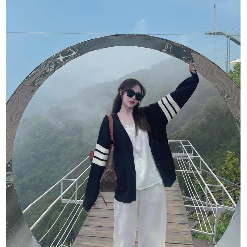 Áo Khoác Cardigan Thome Đen Sọc Tay  Áo Khoác Cadigan Thu Đông Style Hàn Quốc