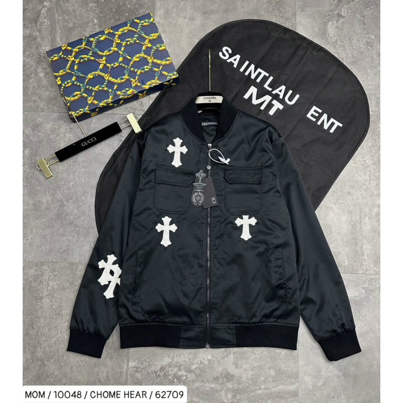 Áo khoác bomber chomr có hoạ tiết thêu khoá kéo màu đen thời trang nam nữ phong cách giới trẻ có size từ s đến xl